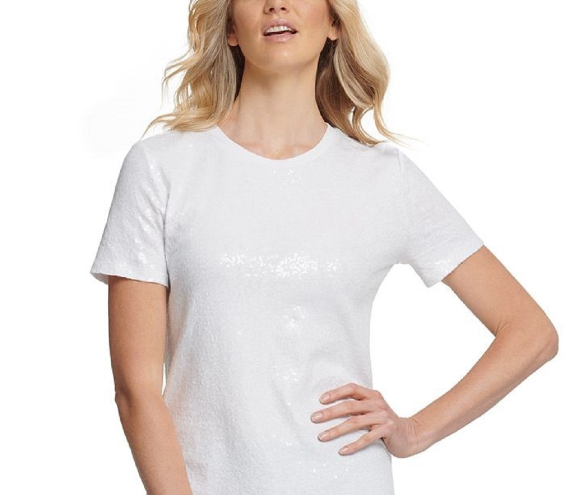 DKNY Women's Sequined Jersey T-Shirt White Size Small