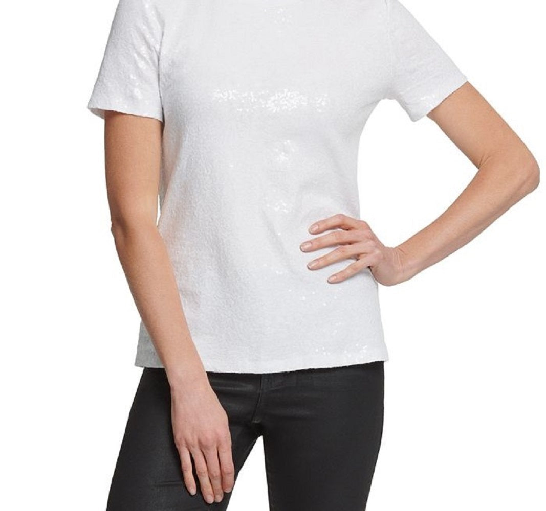 DKNY Women's Sequined Jersey T-Shirt White Size Small