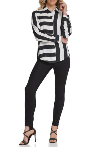 DKNY Women's Mixed Stripe Button Down Shirt Black Size X-Large