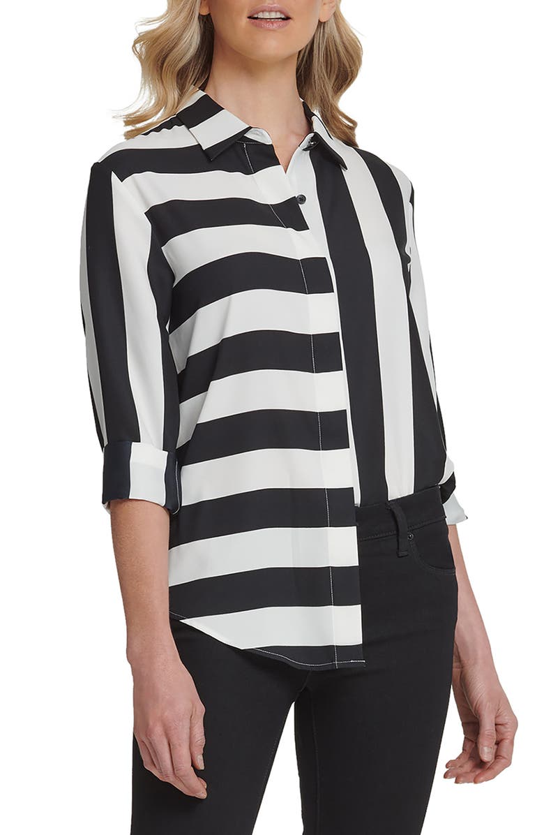 DKNY Women's Mixed Stripe Button Down Shirt Black Size X-Large
