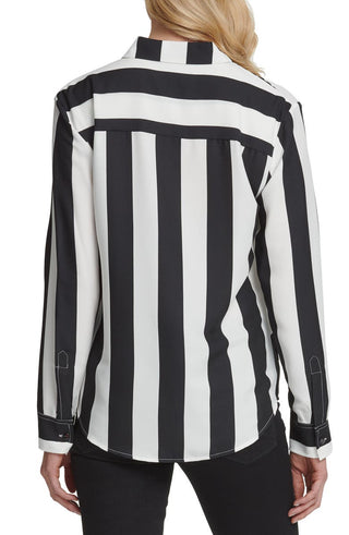 DKNY Women's Mixed Stripe Button Down Shirt Black Size X-Large