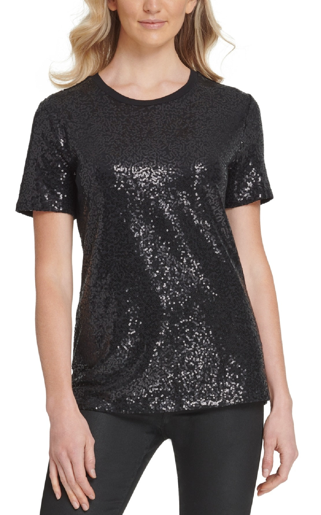 DKNY Women's Sequined Jersey T-Shirt Black Size Large