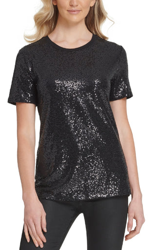 DKNY Women's Sequined Jersey T-Shirt Black Size Large