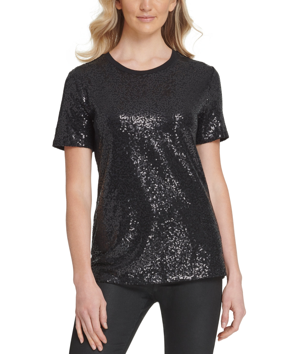 DKNY Women's Sequined Jersey T-Shirt Black Size Large