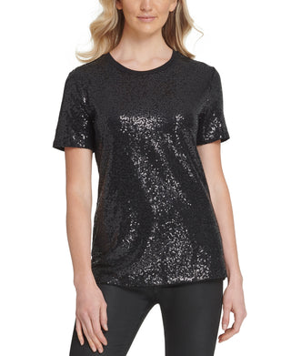 DKNY Women's Sequined Jersey T-Shirt Black Size Large