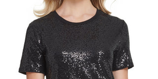 DKNY Women's Sequined Jersey T-Shirt Black Size Large