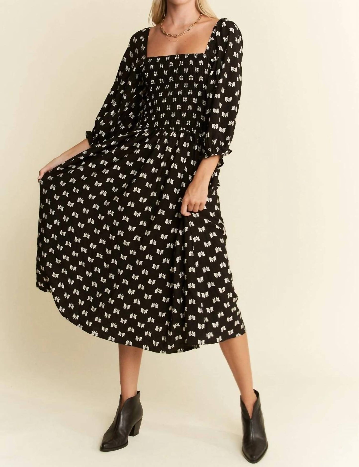 Jade By Jane - Ribbon Puff Sleeve Midi Dress