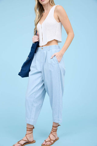 Blu Pepper - High Waist Pleated Denim Capri Pants