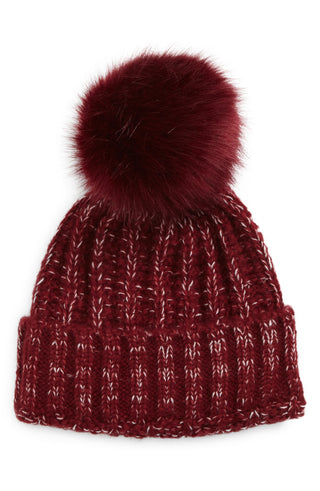 Kyi Kyi Chunky Wool Blend Beanie with Faux Fur Pom - Bordo