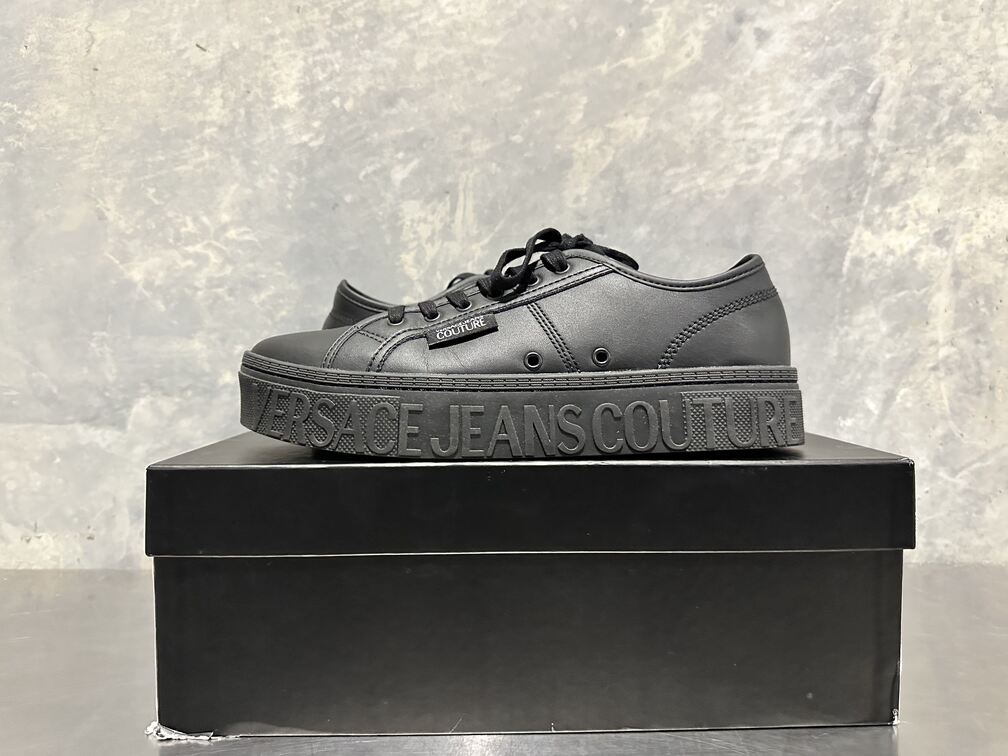 Versace Men's Jeans Couture Vitello + Scritta Sneakers Black Size 12