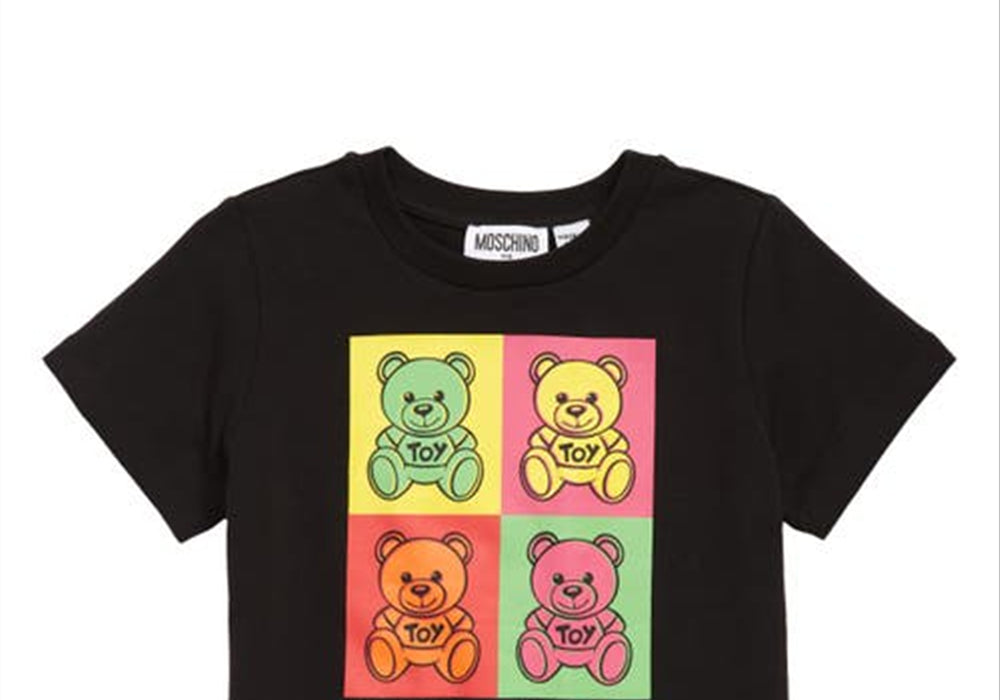 Kids' Moschino Multicolor Bear Graphic Tee in Black, Size 12Y