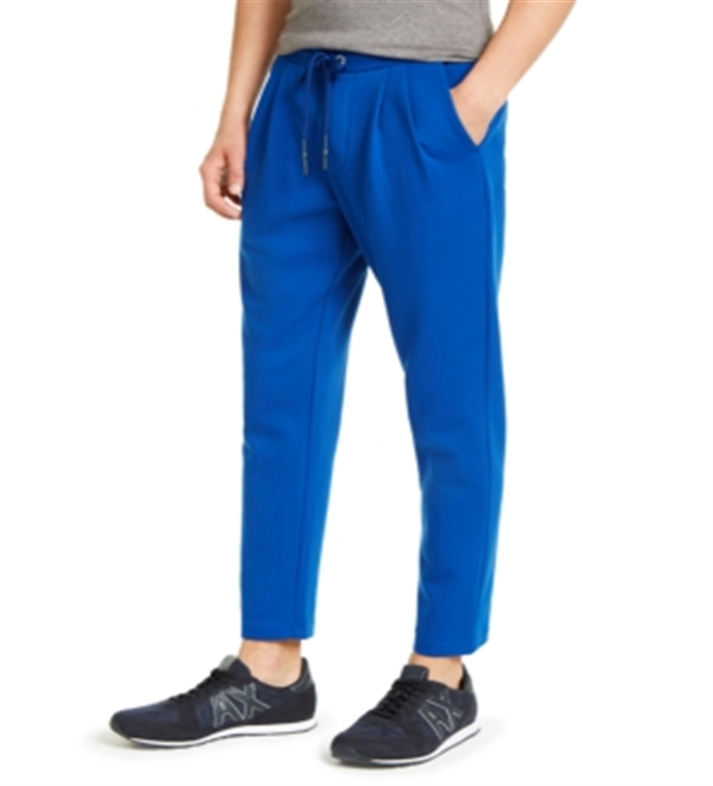 AX Armani Exchange Men's Athletic Straight Fit Pleated Logo Print Sweatpants Blue Size Medium