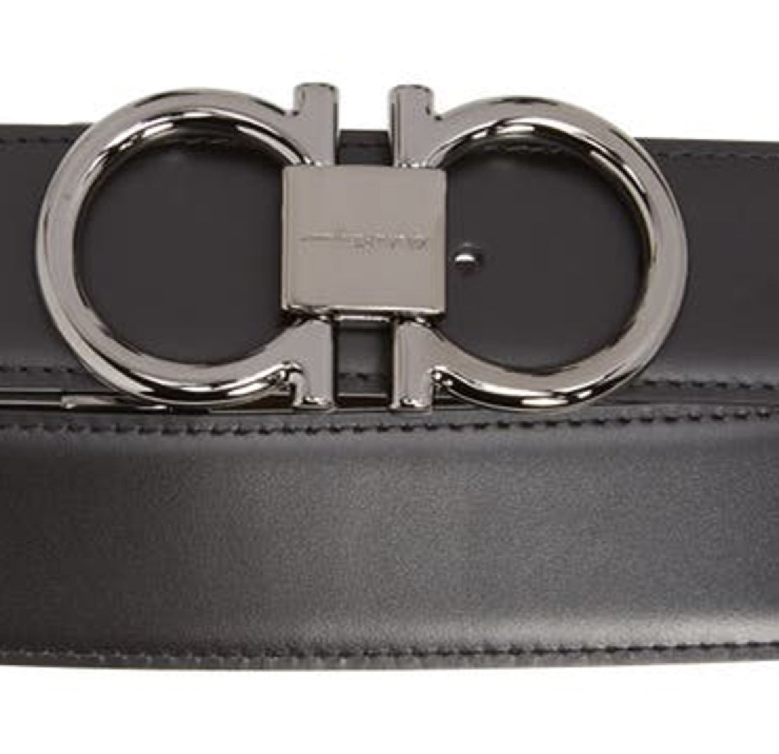 Ferragamo Men's Gancio Reversible Calfskin Leather Belt Black Size 36