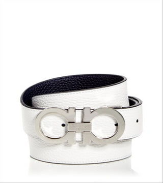 Salvatore Ferragamo Men's Double Gancini Buckle Leather Belt White Size 42