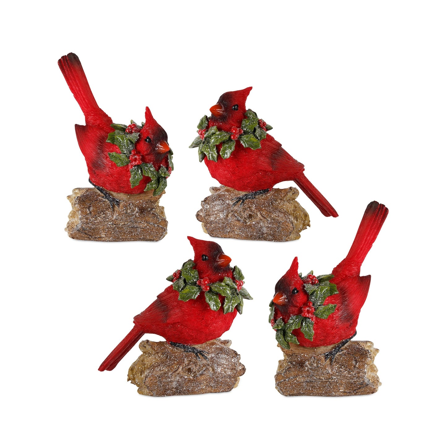 Perched Cardinal Bird on Log with Holly Wreath Accent (Set of 4)