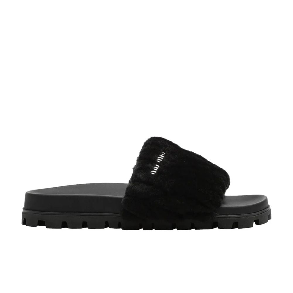 Miu Miu Women's Matelasse Shearling Slide Sandals Black Size 39