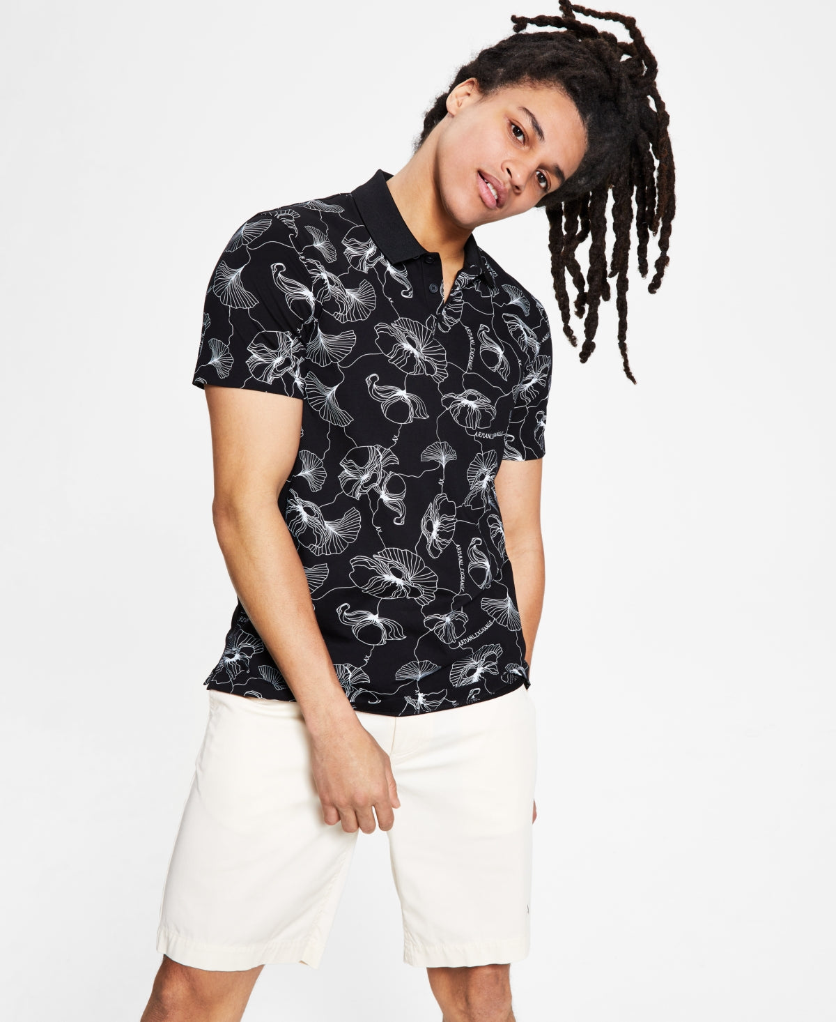 A|X Armani Exchange Men's Flower Print Polo Black Size Medium