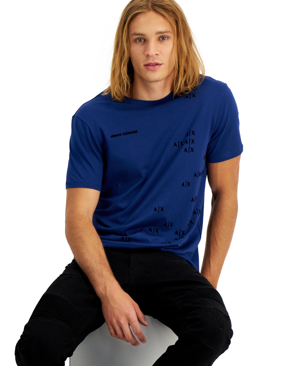 AX Armani Exchange Men's Crewneck Lettered Logo Short-Sleeve T-Shirt Blue Size M