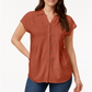 Style & Co Pleated Cuffed-Sleeve Top Brown Size XL