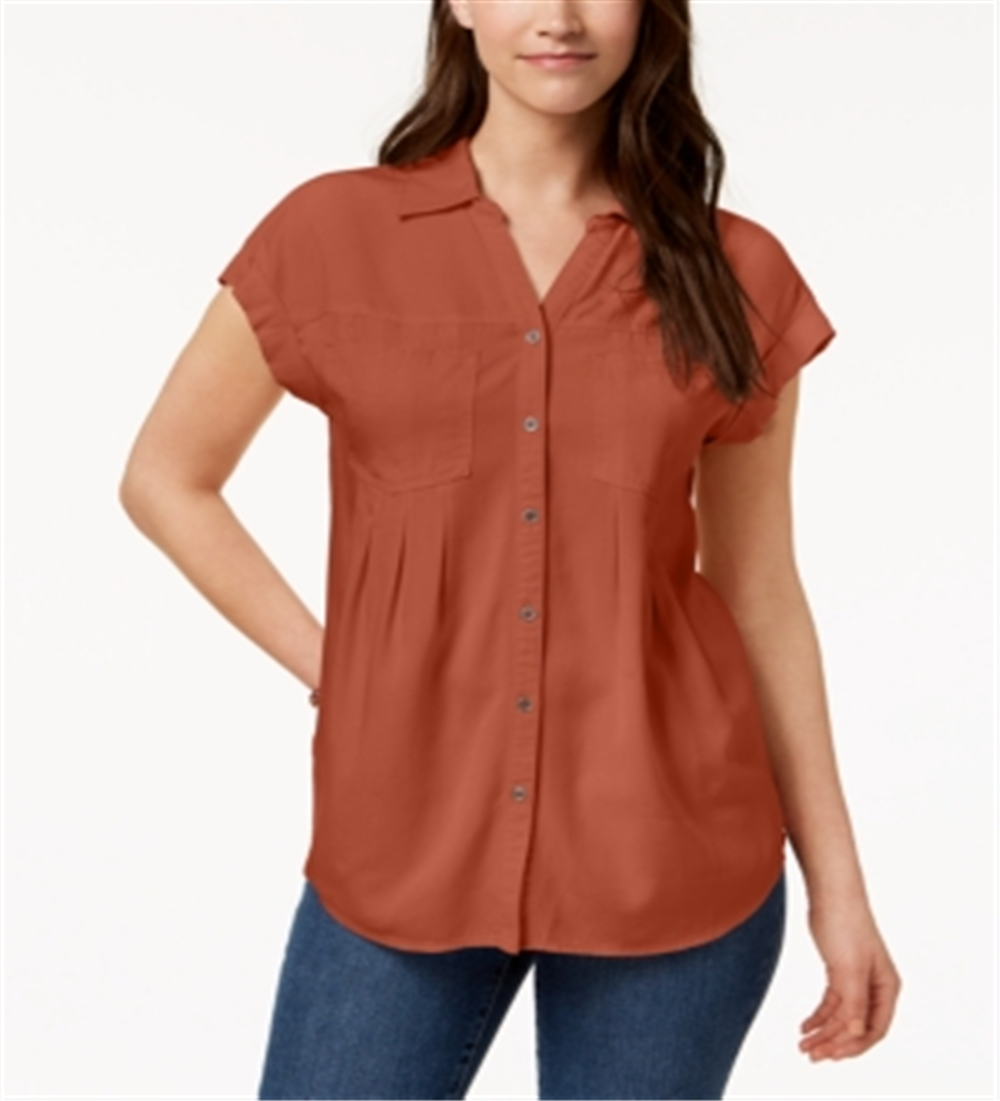 Style & Co Pleated Cuffed-Sleeve Top Brown Size XL