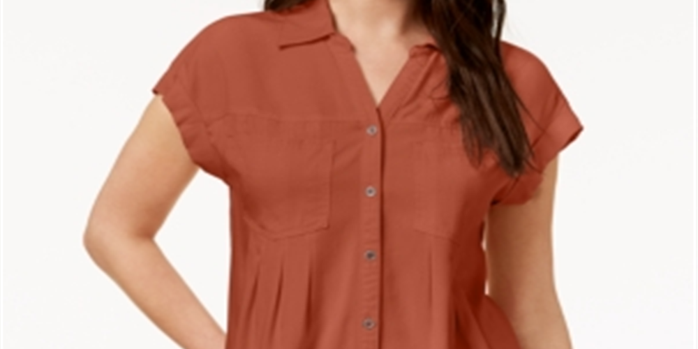 Style & Co Pleated Cuffed-Sleeve Top Brown Size XL