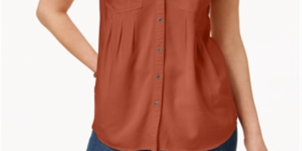 Style & Co Pleated Cuffed-Sleeve Top Brown Size XL
