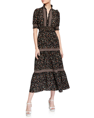 Max Studio Women's Floral Print Smocked Maxi Dress Black Size Large