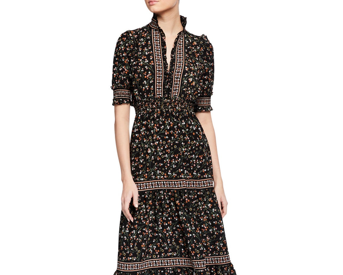 Max Studio Women's Floral Print Smocked Maxi Dress Black Size Large