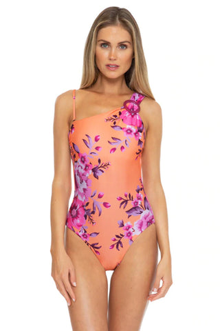Becca Women's Asymmetrical One Piece Swimsuit Orange Size Medium
