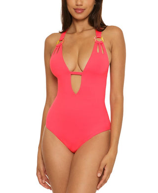 Becca Women's Color Code Plunge One Piece Swimsuit Pink Size Large
