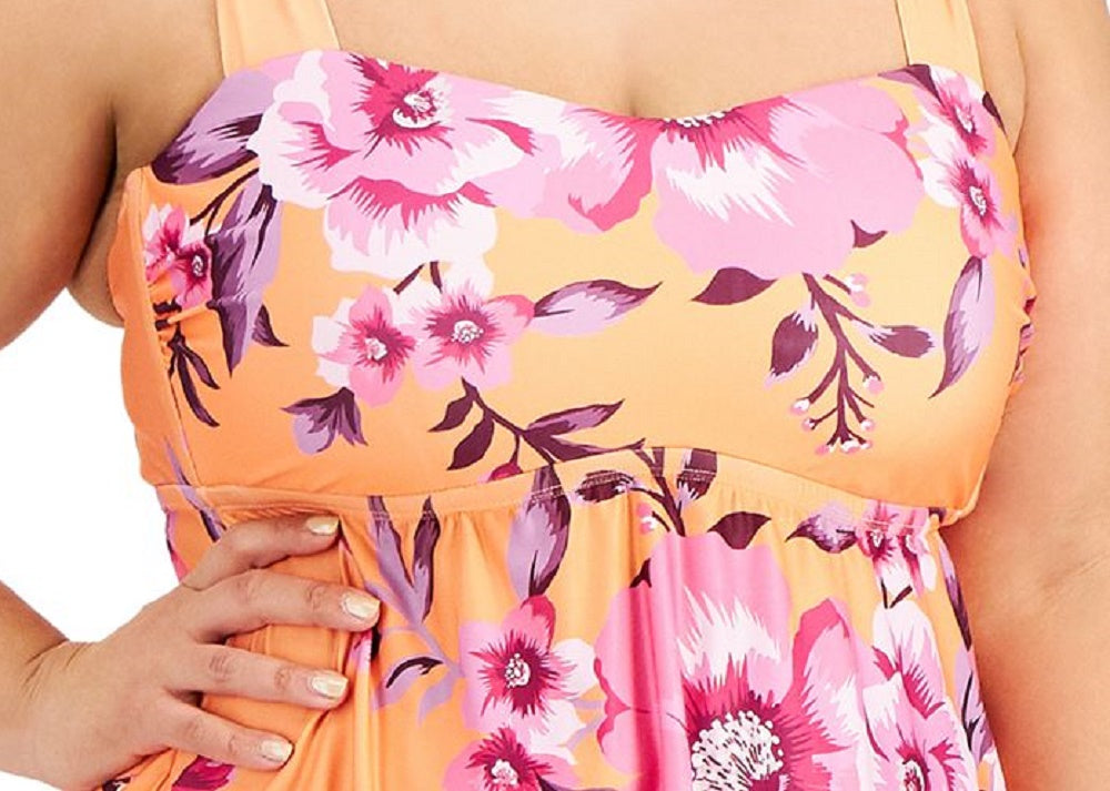 Becca Etc Women's Plus In Full Bloom Printed Tankini Top Swimsuit Orange Size 2X