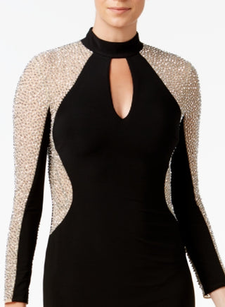 XSCAPE Women's Two Tone Beaded Long Sleeve Sheath Dress Black Size 16