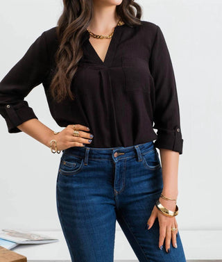 Blu Pepper - Split Neck Back Button Three Quarter Tab Sleeve Top