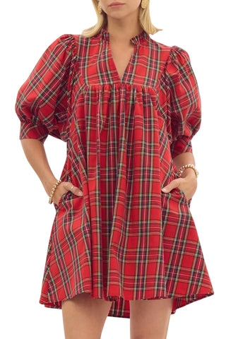 Entro - Plaid Puff Sleeve Holiday Dress