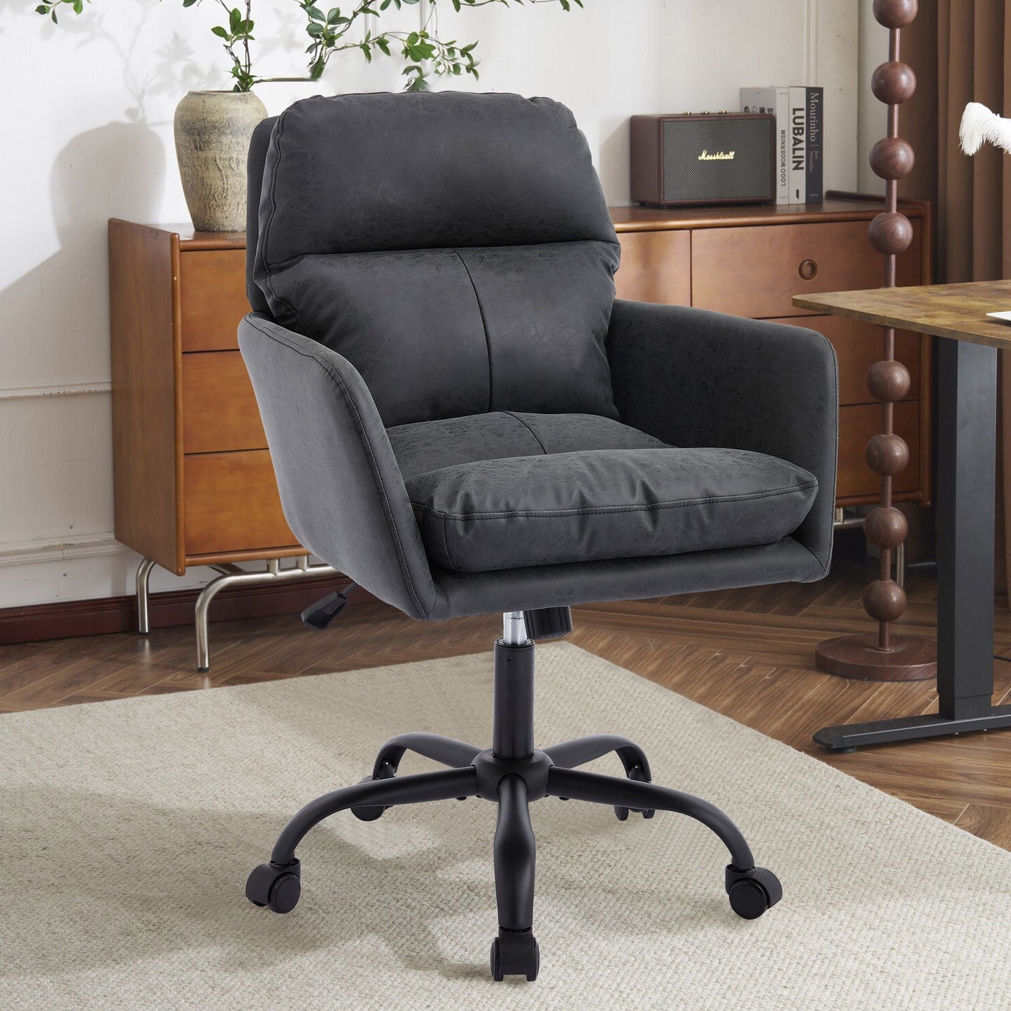 Adjustable Office Chair, Ergonomic Swivel Chair Leather - Black