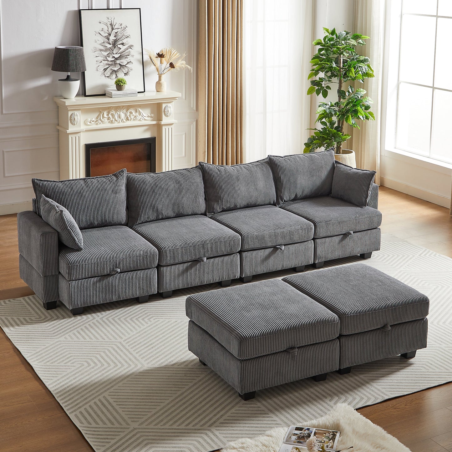 113.5'' Modular Sectional Corduroy Sofa with Storage Ottoman