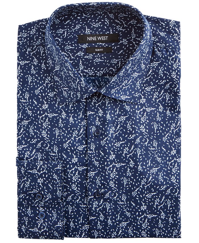 Nine West Men's Slim Fit Wrinkle Print Dress Shirt Blue Size 16X34X35