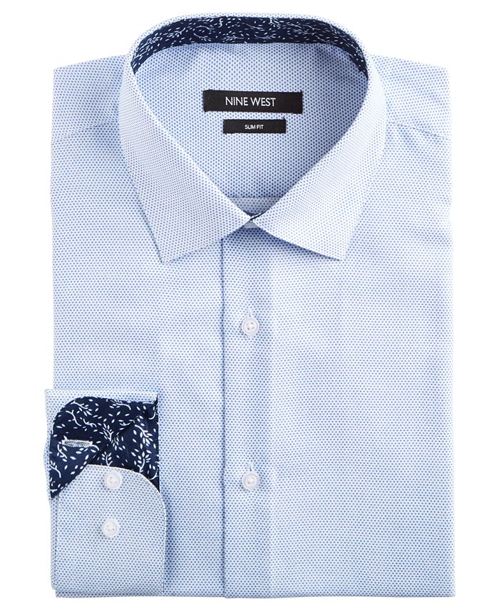Nine West Men's Slim Fit Wrinkle Free Performance Stretch Dot Ground Dress Shirt Blue Size 36-37