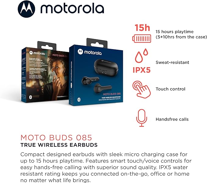 Motorola Moto Buds 085-True Wireless Bluetooth Earbuds with Microphone and USB-C Charging Case - IPX5 Water Resistant, Smart Touch-Control, Lightweight Comfort-Fit, Clear Sound & Deep Bass - Black