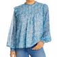 Aqua Women's Smocked Floral Print Top Blue Size Small