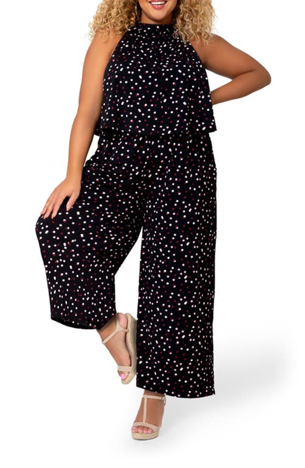 Leota Women's Skyler Polka Dot Halter Neck Jumpsuit Black Size 1X
