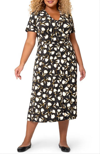 Leota Women's Francesca Floral Dot MIDI Dress Black Size 1X