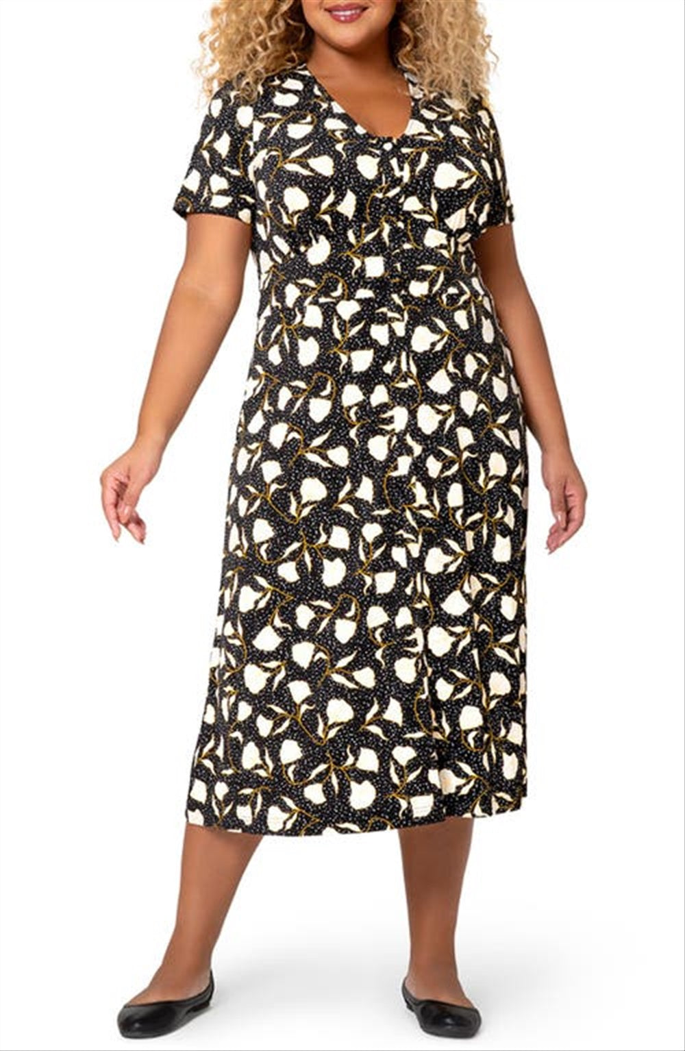 Leota Women's Francesca Floral Dot MIDI Dress Black Size 2X