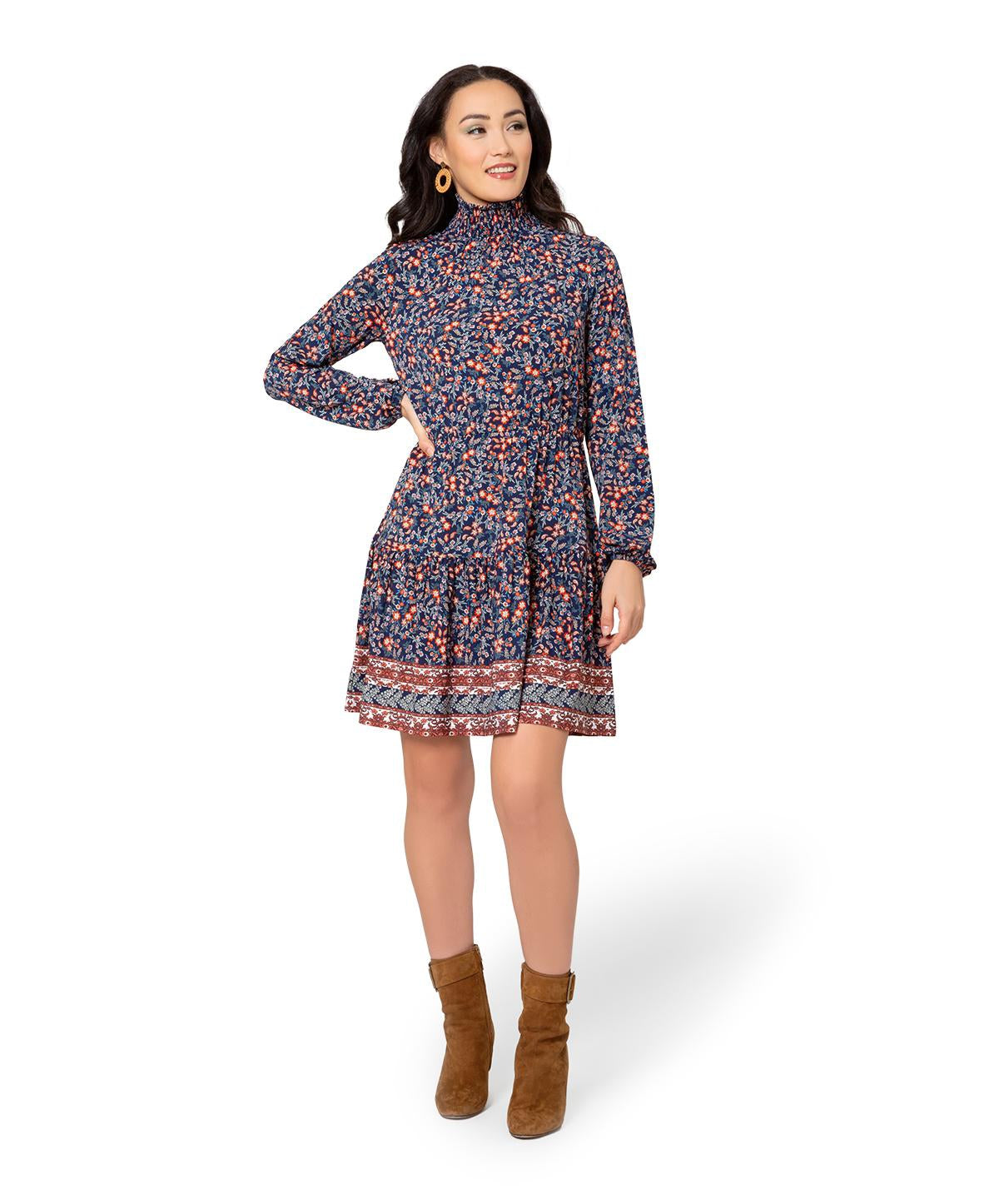 Leota Women's Long Sleeve Olive Boho Tiered Jersey Dress Blue