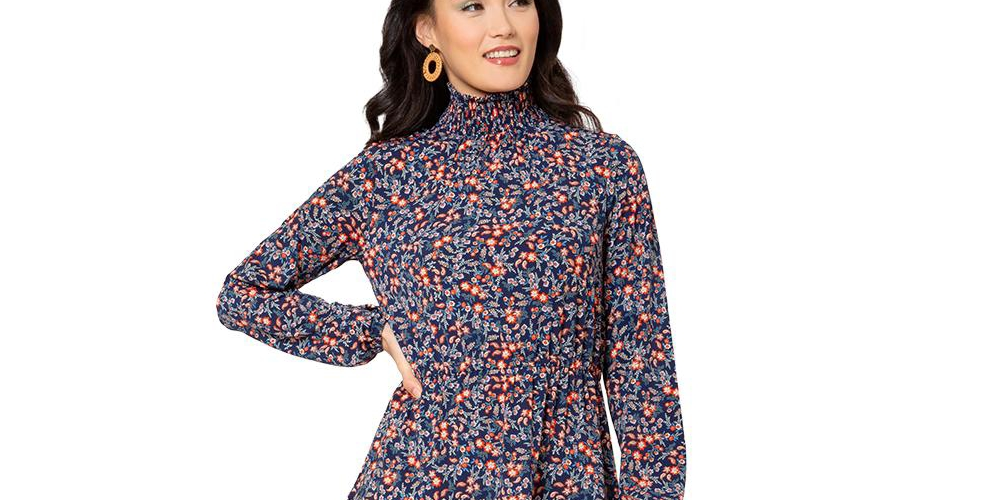 Leota Women's Long Sleeve Olive Boho Tiered Jersey Dress Blue