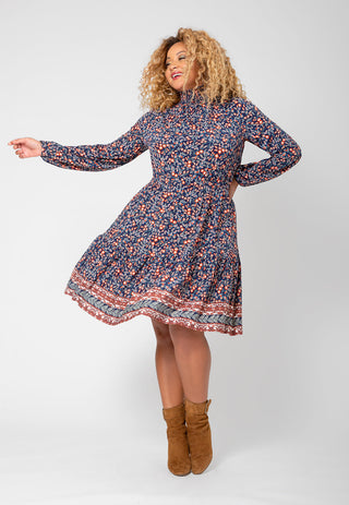 Leota Women's Long Sleeve Olive Boho Tiered Jersey Dress (Curve) Blue