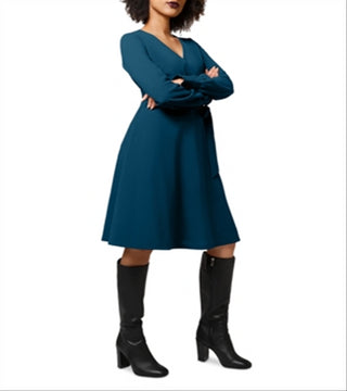 Leota Women's Blouson Sleeve Faux Wrap Dress Blue Size Small