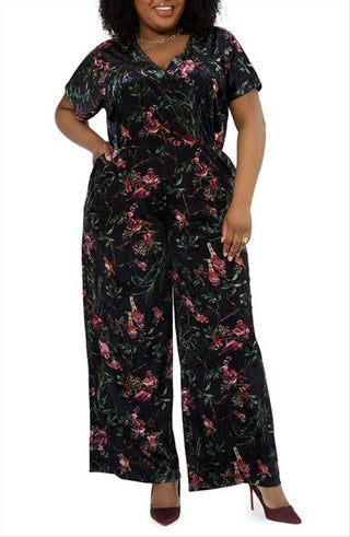 Leota Women's Ruby Floral Stretch Velvet Jumpsuit Green Size 2X