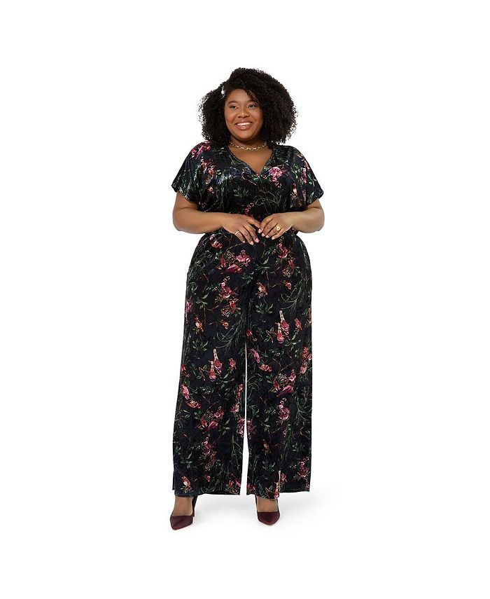 Leota Women's Ruby Floral Stretch Velvet Jumpsuit Black Size 3X