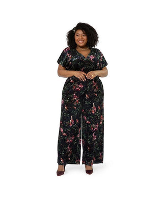Leota Women's Ruby Floral Stretch Velvet Jumpsuit Black Size 3X